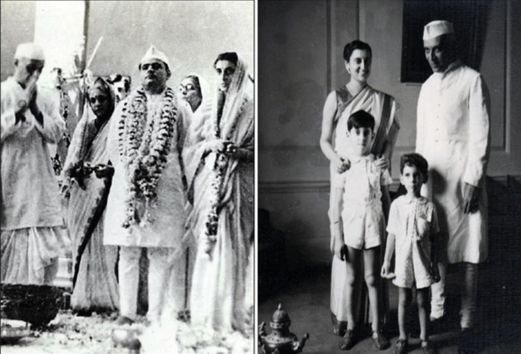 ภาพแรก : พิธีสมรสระหว่างอินทิรา กับ เฟโรซ คานธี ในปี 1942, ภาพที่สอง : อินทิรา, ยวาฮัรลาล, ราจีฟ และสัญชัย คานธี ในสมัยที่ยวาฮัรลาลดำรงตำแหน่งนายกรัฐมนตรี (เครดิตทั้งสองภาพ : วิกิมีเดีย)