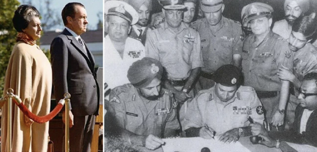 ภาพแรก : อินทิรา คานธี กับ ริชาร์ด นิกสัน ในวันที่ 4 พฤศจิกายน 1971 (เครดิต : วิกิมีเดีย) ภาพที่สอง : พลโท เอ.เอ.เค. นิไอซี (ขวา) แห่งกองทัพปากีสถานลงนามจำนนอย่างไม่มีเงื่อนไขต่อ พลโท เจ.เอส. อโรรา (ซ้าย) แห่งกองทัพอินเดีย ในวันที่ 16 ธันวาคม 1971 (เครดิต : วิกิพีเดีย)